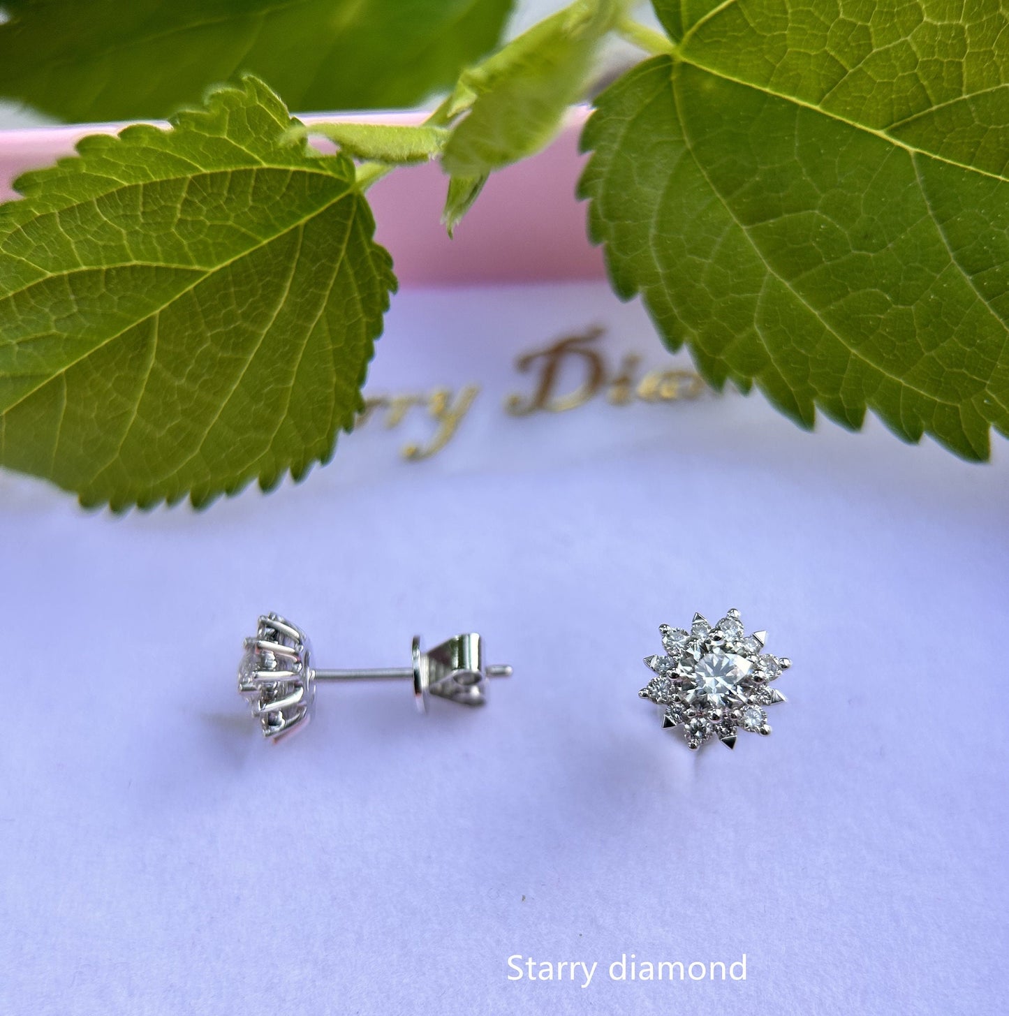 One pair 0.6ct (total) White Lab Diamond Stud Earrings /18K solid gold Colorless Diamond Earrings /Star Halo diamond earrings