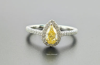 14K Solid Gold Pear Cut Fancy Yellow Lab Diamond Engagement Ring /Halo Diamond Wedding Ring /Affordable Color Diamond Jewelry /Gift for her