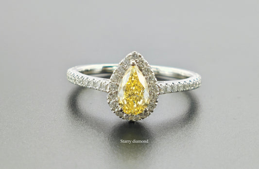 14K Solid Gold Pear Cut Fancy Yellow Lab Diamond Engagement Ring /Halo Diamond Wedding Ring /Affordable Color Diamond Jewelry /Gift for her