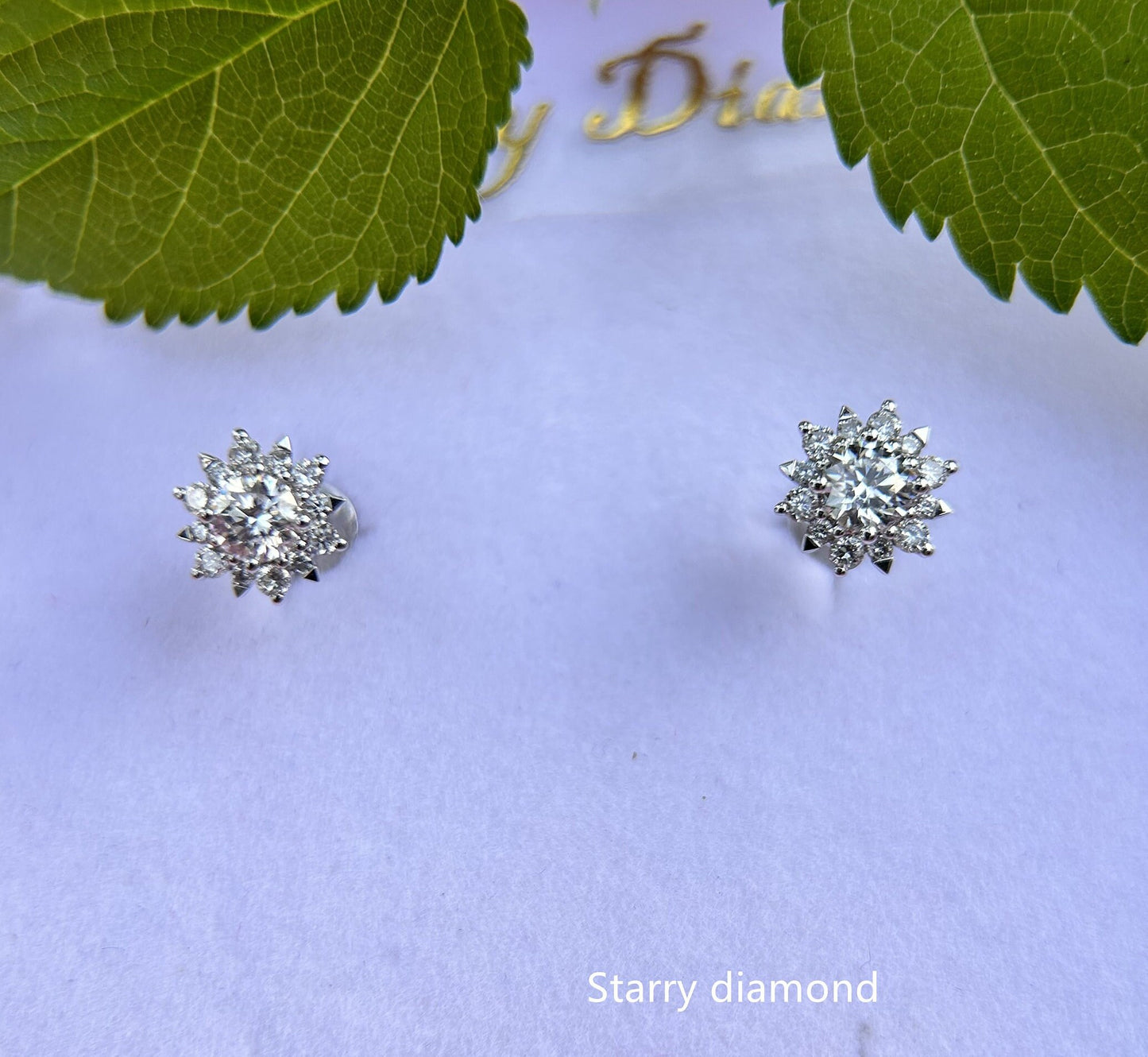 18K solid gold Lab Diamond Stud Earrings /One pair Colorless Diamond Earrings /Star Halo diamond earrings