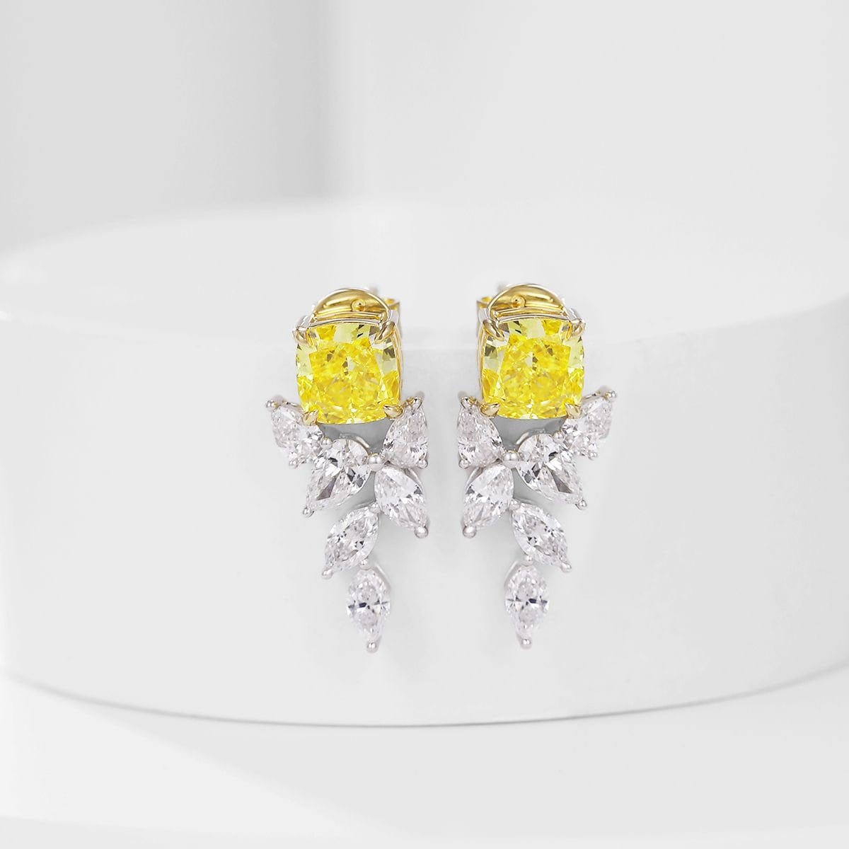 14K solid gold Lab Yellow Diamond Earrings /One pair Colorless Diamond Earrings /Star Halo diamond earrings