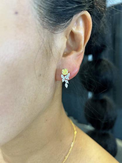 14K solid gold Lab Yellow Diamond Earrings /One pair Colorless Diamond Earrings /Star Halo diamond earrings