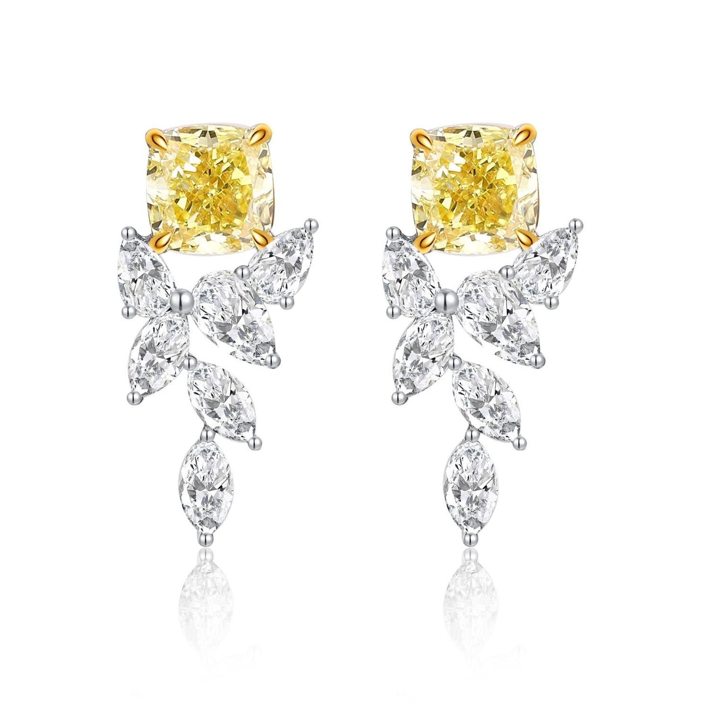 14K solid gold Lab Yellow Diamond Earrings /One pair Colorless Diamond Earrings /Star Halo diamond earrings