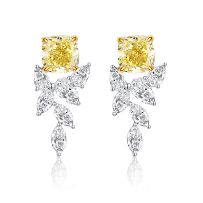 14K solid gold Lab Yellow Diamond Earrings /One pair Colorless Diamond Earrings /Star Halo diamond earrings