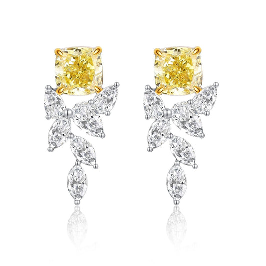 14K solid gold Lab Yellow Diamond Earrings /One pair Colorless Diamond Earrings /Star Halo diamond earrings